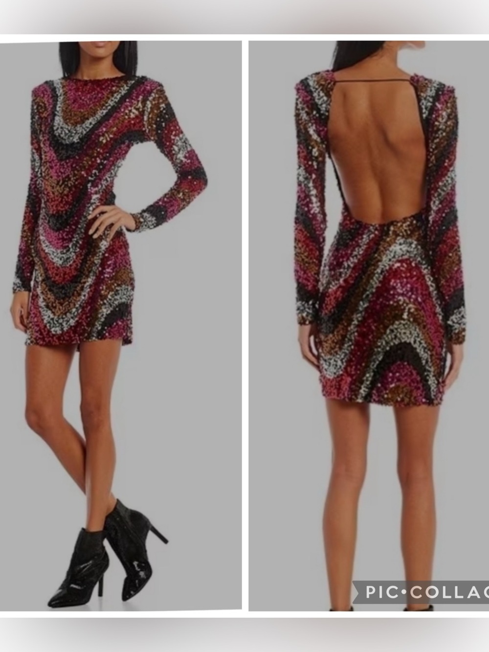 B Darlin Multicolor Sequin Long-Sleeve Backless Mini Dress w/ Stretch